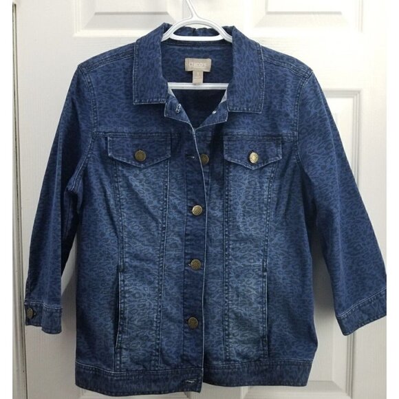 Chicos Cheetah Print Blue Denim Jacket 3/4 Sleeve Size 1 (M/8) - Picture 1 of 6